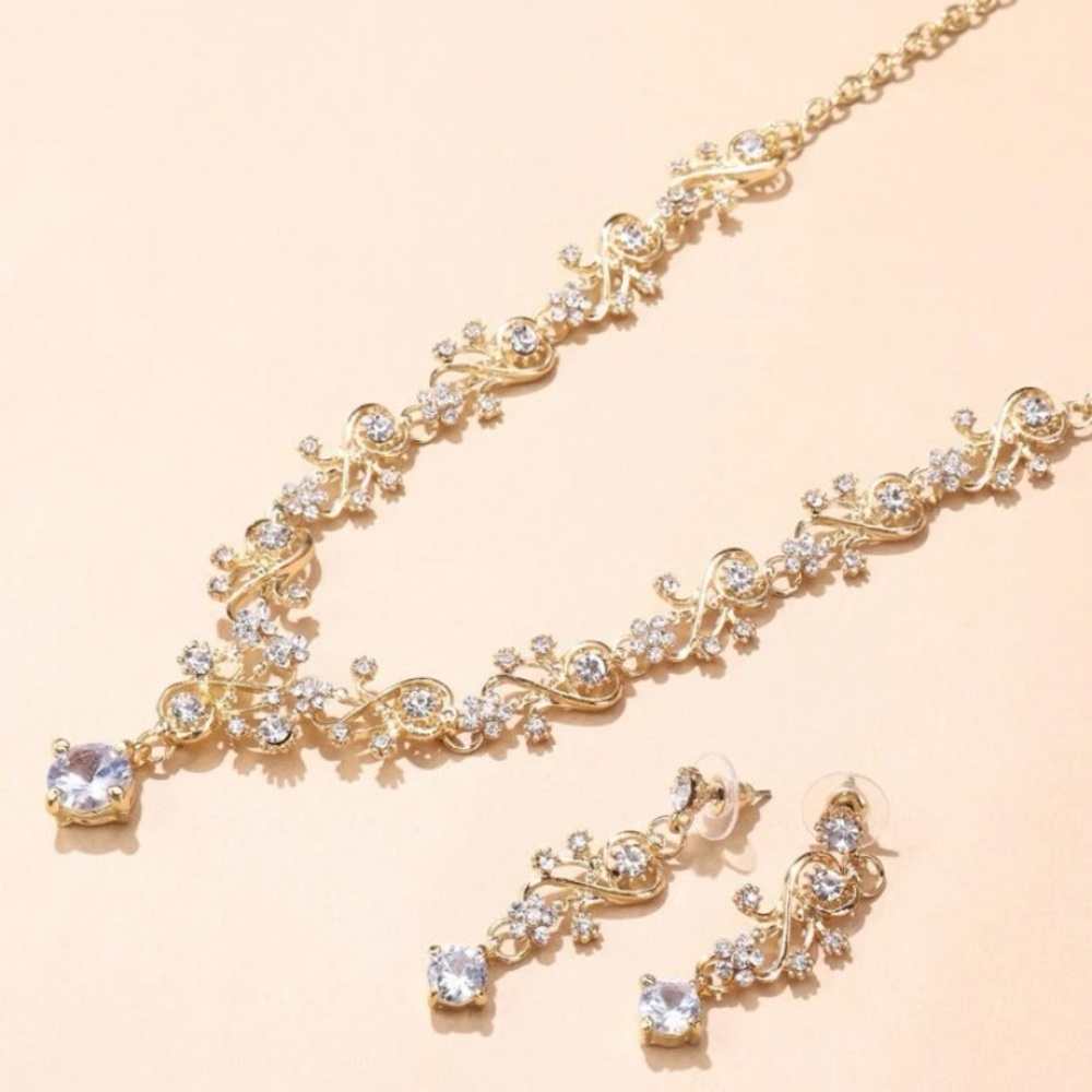 Gold Rhinestone Necklace and Earrings Set